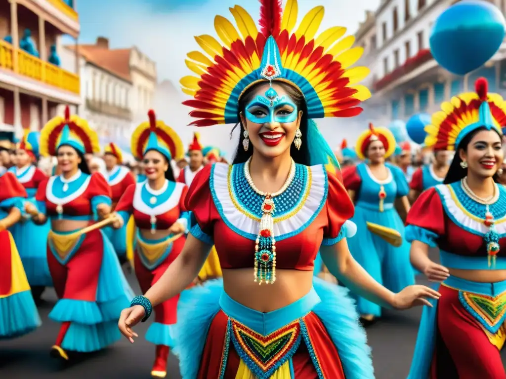 Detallada ilustración acuarela de desfile vibrante en el Carnaval uruguayo