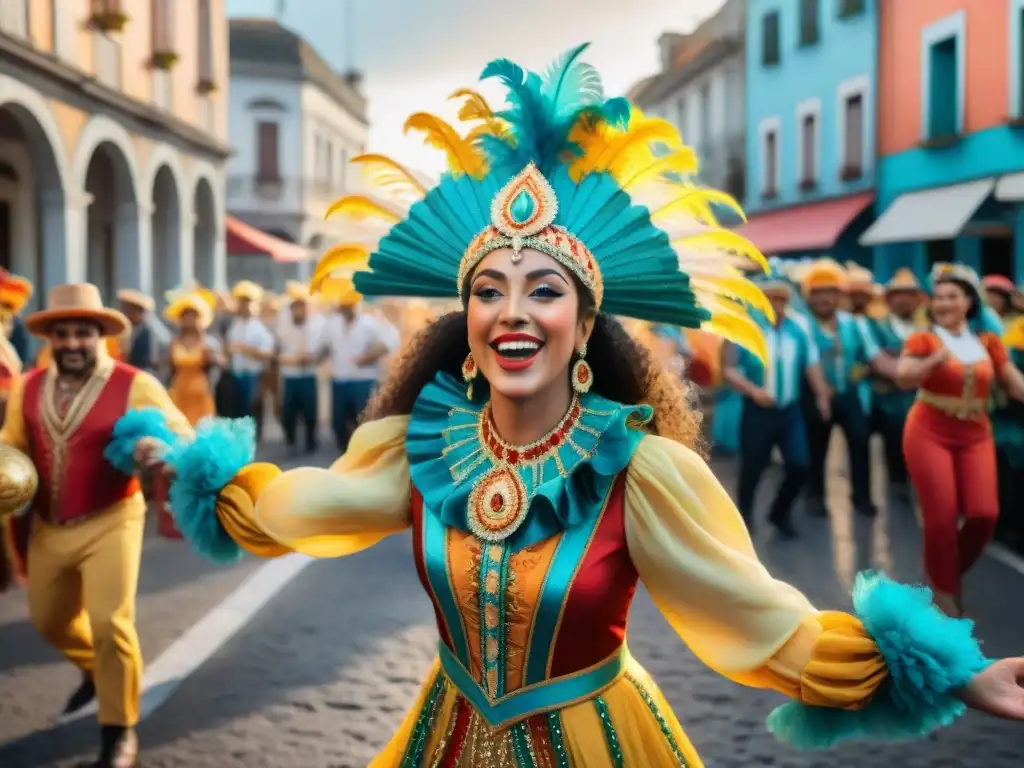 Ilustración detallada de niños en festivo Carnaval Uruguayo, con coloridos trajes y música