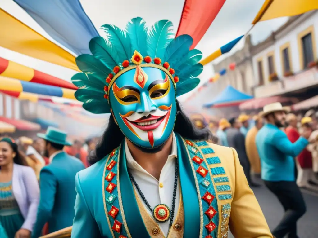 Detallada pintura acuarela de un alegre carnaval uruguayo, transmitiendo la cultura festiva de familias en Uruguay