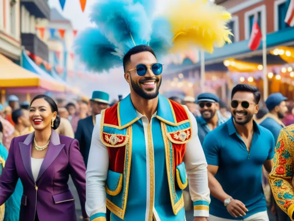 Detallada pintura acuarela de un alegre desfile de Carnaval con gente de diversas culturas bailando con trajes coloridos