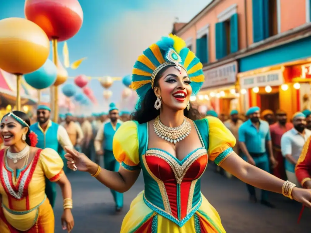 Una detallada pintura acuarela que muestra una animada escena de carnaval con murgas en coloridos trajes