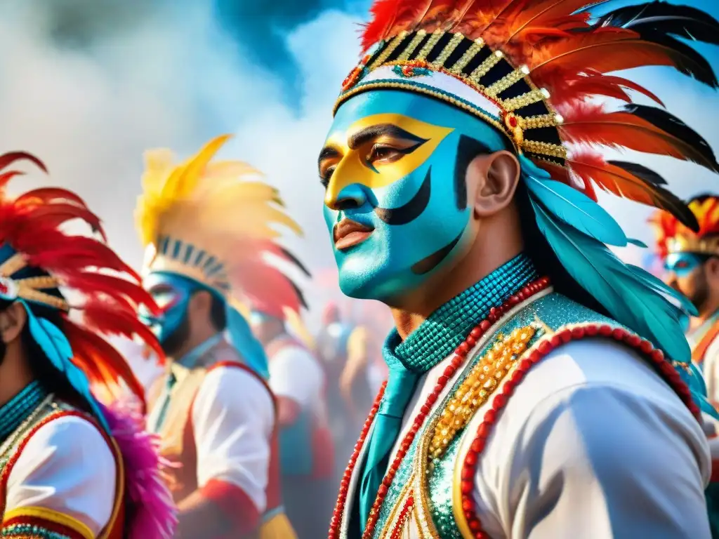 Detallada pintura acuarela de artistas apasionados del Carnaval uruguayo en vibrantes trajes, transmitiendo sacrificio en la magia del Carnaval