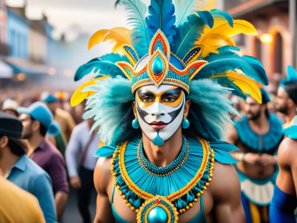 Detallada pintura acuarela del bullicioso desfile de Carnaval en Uruguay, capturando la riqueza cultural del Carnaval Uruguayo