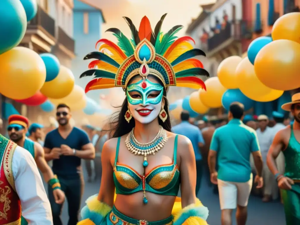 Una detallada pintura acuarela del Carnaval Uruguayo, con vibrantes disfraces y danzas, capturando la energía festiva