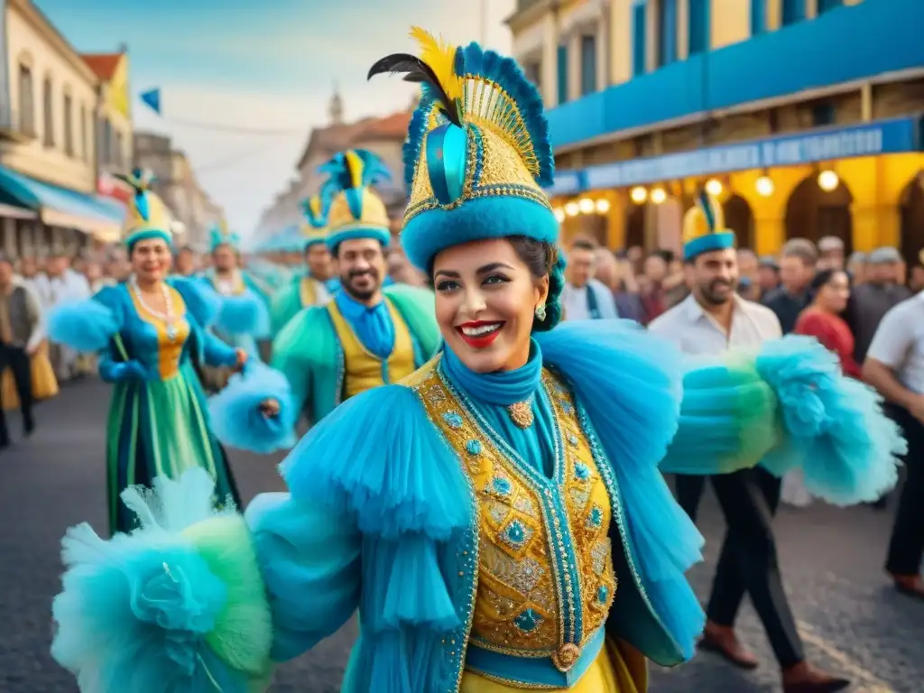 Detallada pintura acuarela del Carnaval Uruguayo siglo XX con vibrante escena de calle, coloridos trajes y entusiastas multitudes celebrando