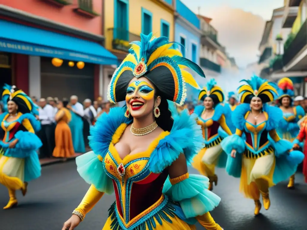 Una detallada pintura acuarela que muestra la influencia del Carnaval de Brasil en una vibrante escena callejera del Carnaval Uruguayo