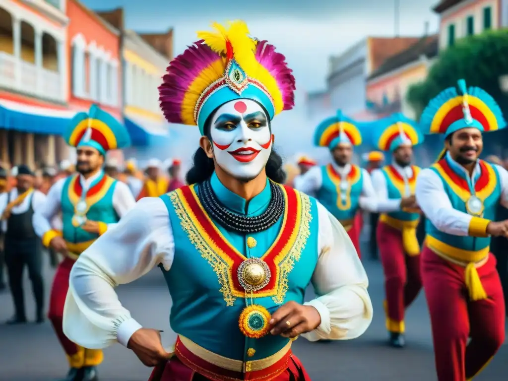 Detallada pintura acuarela de murgueros vibrantes en desfile carnavalesco, capturando técnicas vocales para murga