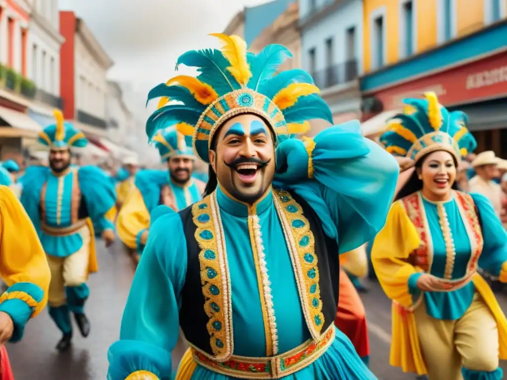 Detallada pintura acuarela de vibrante desfile de carnaval en Uruguay, con trajes coloridos y música tradicional