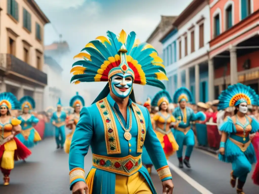 Una detallada pintura acuarela del vibrante desfile de Carnaval en Uruguay, con trajes coloridos y música alegre