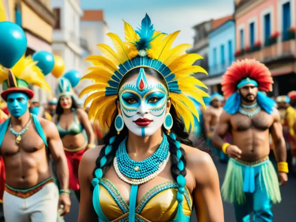 Detallada pintura acuarela del vibrante Carnaval en Uruguay, destacando la evolución de los parodistas