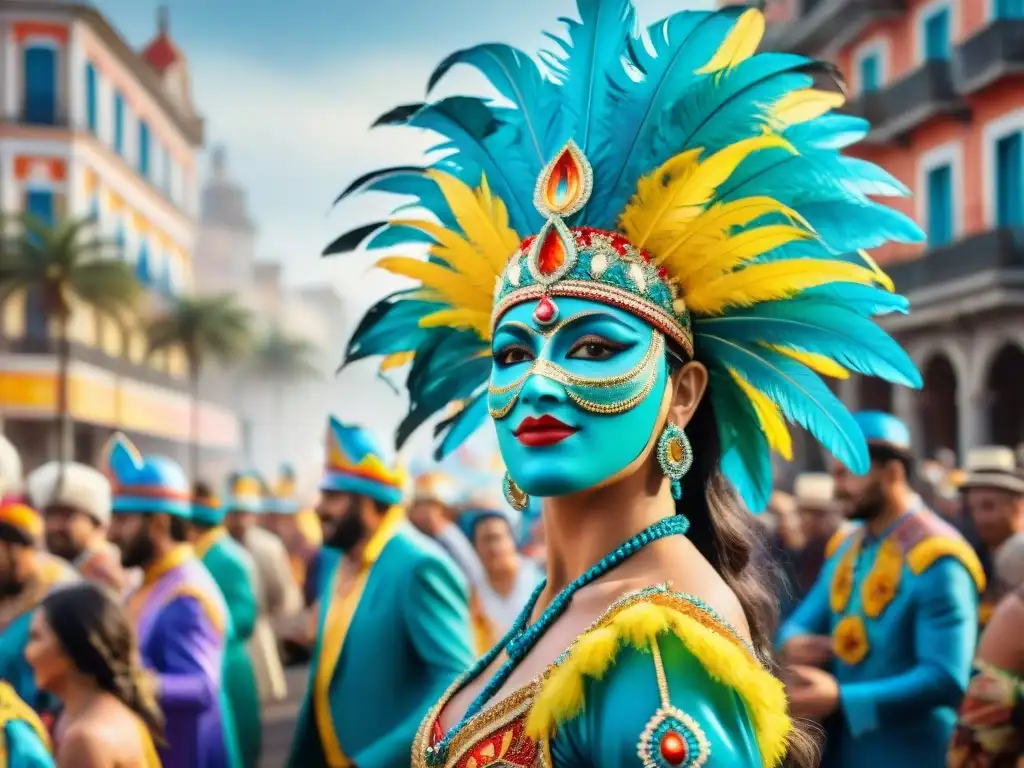 Detallada pintura acuarela del vibrante Carnaval en Uruguay, con trajes coloridos y máscaras