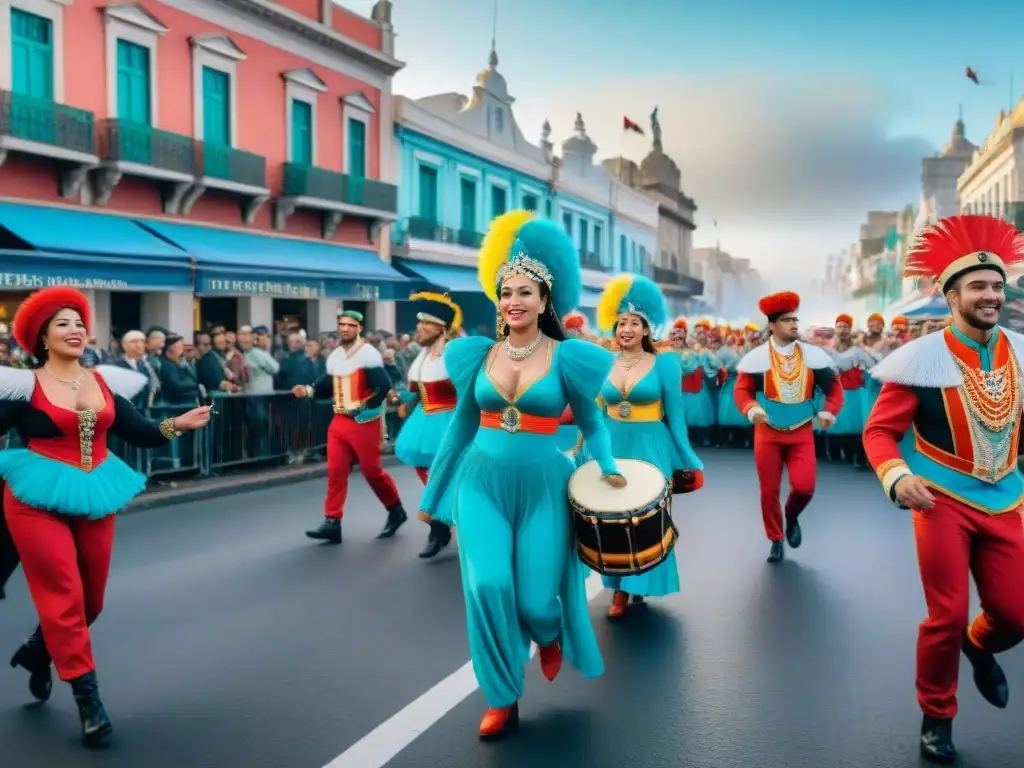 Detallada pintura acuarela de un vibrante Carnaval en Montevideo, Uruguay, con trajes coloridos y ambiente festivo