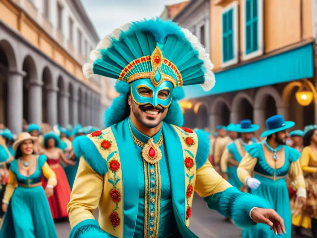 Detallada pintura acuarela del vibrante Carnaval Uruguayo historias fascinantes