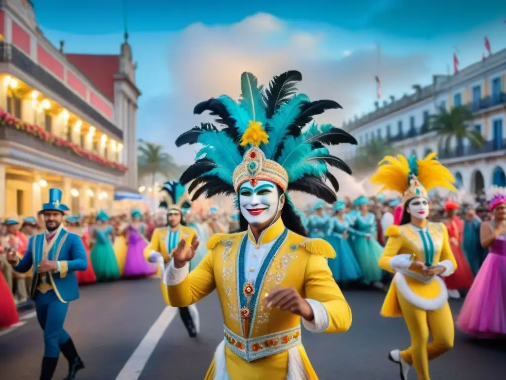 Una detallada pintura acuarela de un vibrante desfile durante el Carnaval Uruguayo, con coloridos trajes y músicos, flotantes y una multitud animada