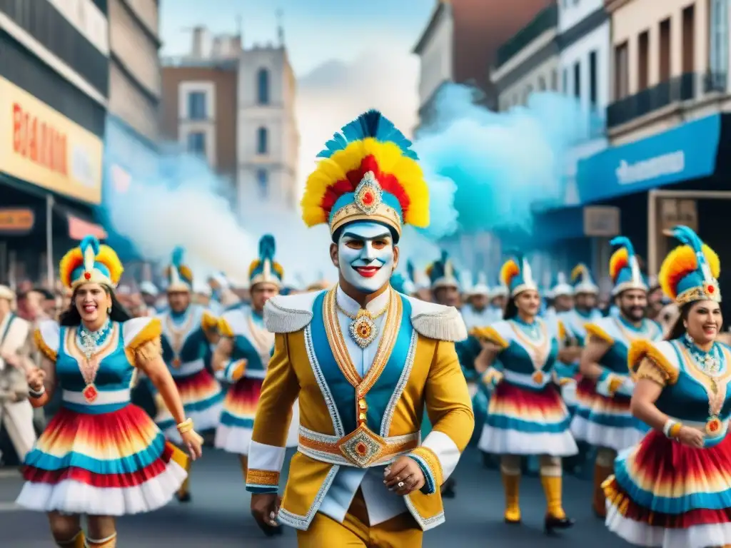 Detallada pintura acuarela de un vibrante desfile de carnaval en Uruguay, mostrando la evolución de las comparsas uruguayas