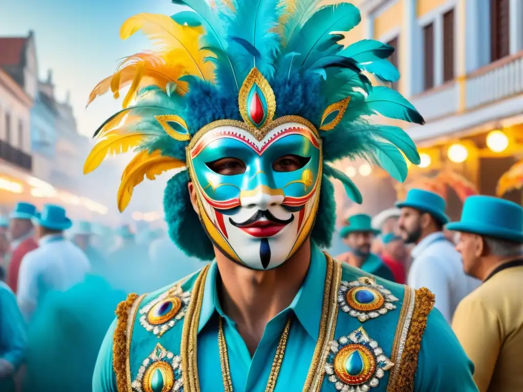 Detallada pintura acuarela del vibrante Carnaval Uruguayo, máscaras coloridas y rica cultura