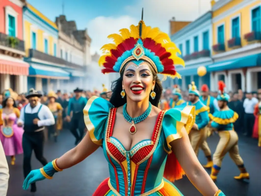 Detallada pintura acuarela del vibrante Carnaval Uruguayo, con artistas y mirada íntima en desfile colorido y alegre