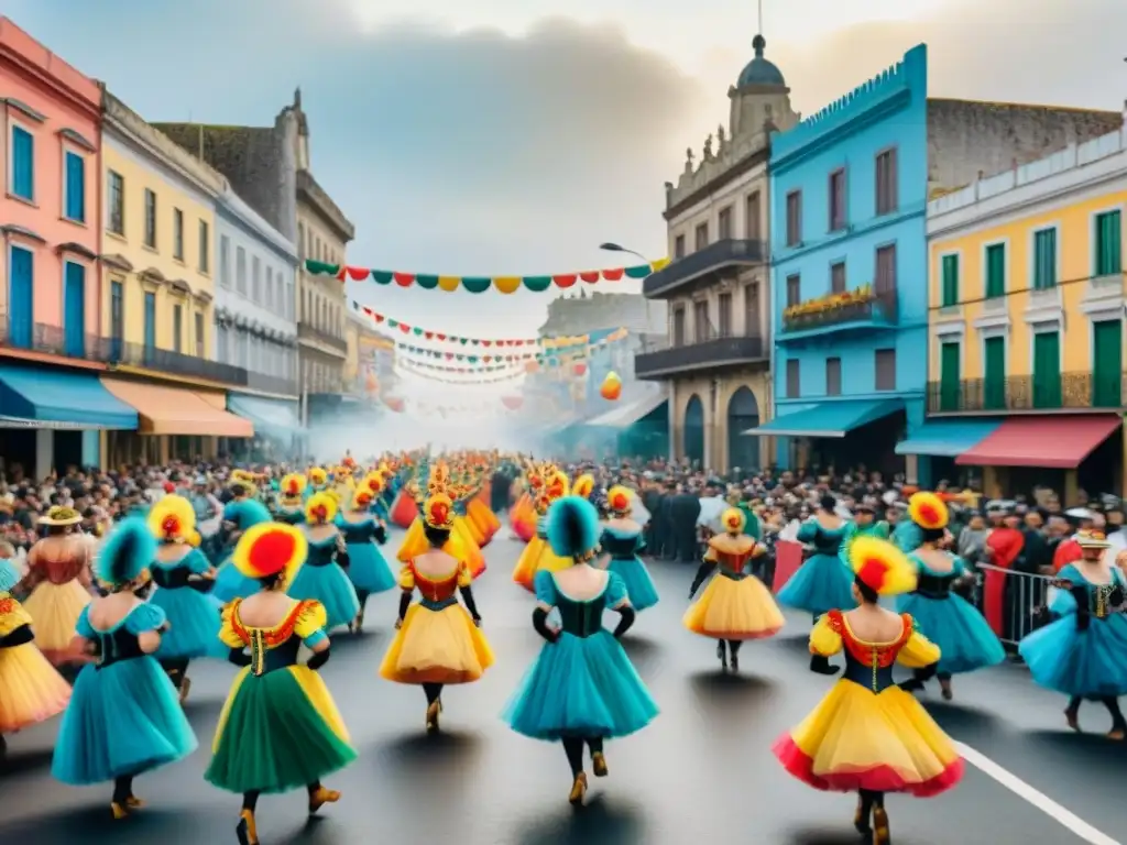 Detallada pintura acuarela del vibrante Carnaval Uruguayo siglo XX: desfile, música, trajes y arquitectura histórica en las calles