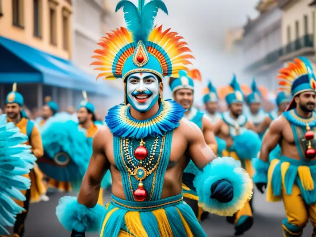 Detallada pintura acuarela del vibrante desfile del Carnaval Uruguayo, con trajes coloridos y alegría festiva