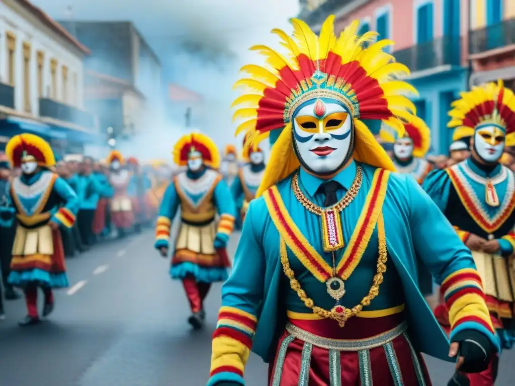 Detallada pintura acuarela del vibrante desfile de Carnaval en Uruguay, con máscaras coloridas, trajes elaborados y tambores tradicionales