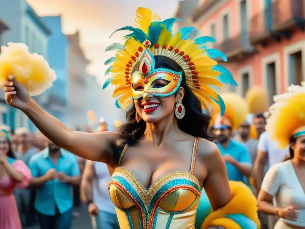 Detallada pintura acuarela del vibrante Carnaval en Uruguay, con coloridos trajes y baile festivo