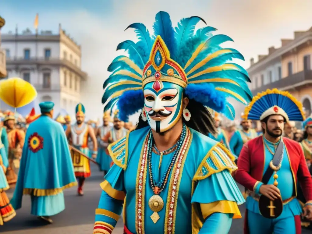 Detallada pintura acuarela del vibrante Carnaval en Uruguay, con trajes coloridos, máscaras y figuras bailando