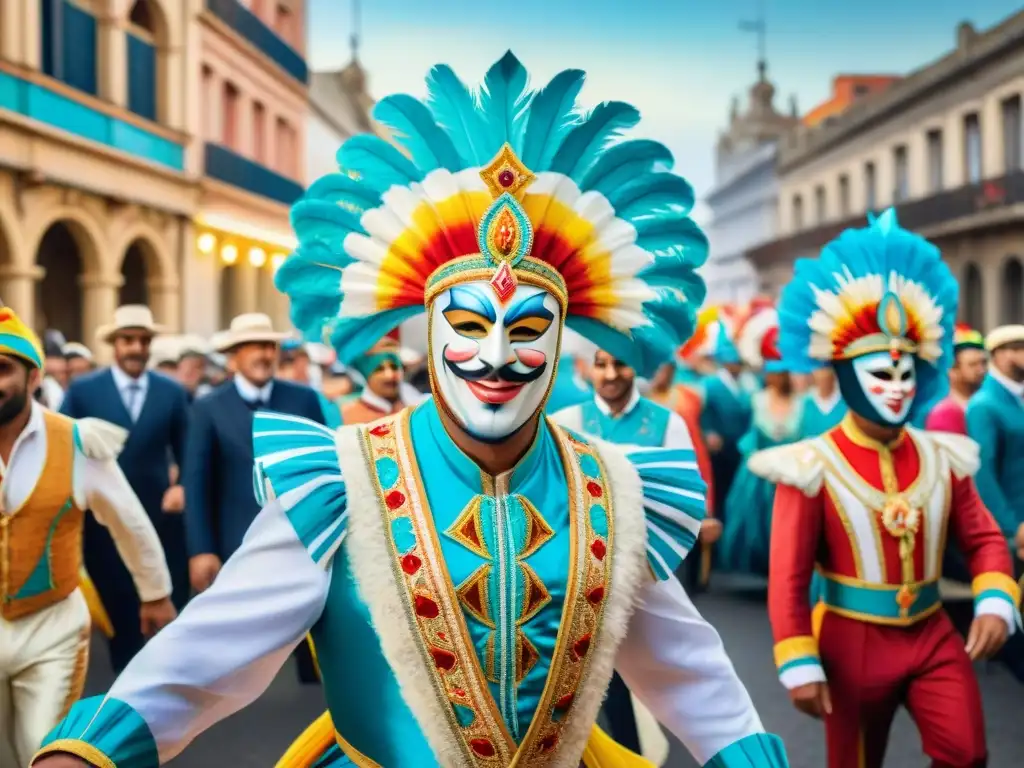 Una detallada pintura en acuarela que muestra un vibrante desfile de carnaval en Uruguay, con coloridos trajes y máscaras