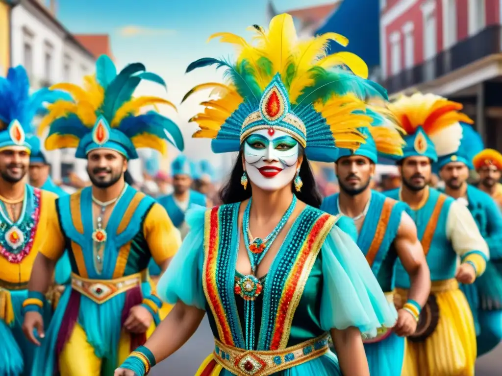 Detallada pintura acuarela de vibrantes trajes de Carnaval de Uruguay en desfile