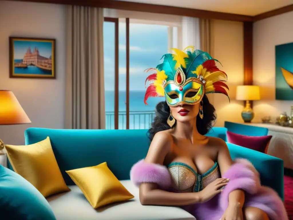 Detallada ilustración acuarela de suite lujosa durante Carnaval en Uruguay con máscaras, decoraciones vibrantes, cama kingsize, balcón con desfile callejero y mesa de delicias locales