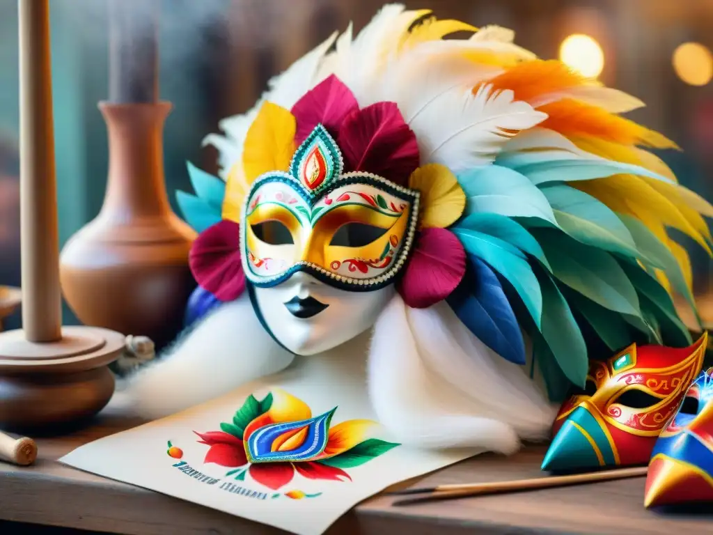 Detallada ilustración acuarela de talleres de carnaval uruguayo con artesanos creando máscaras y trajes festivos en ambiente creativo y colorido