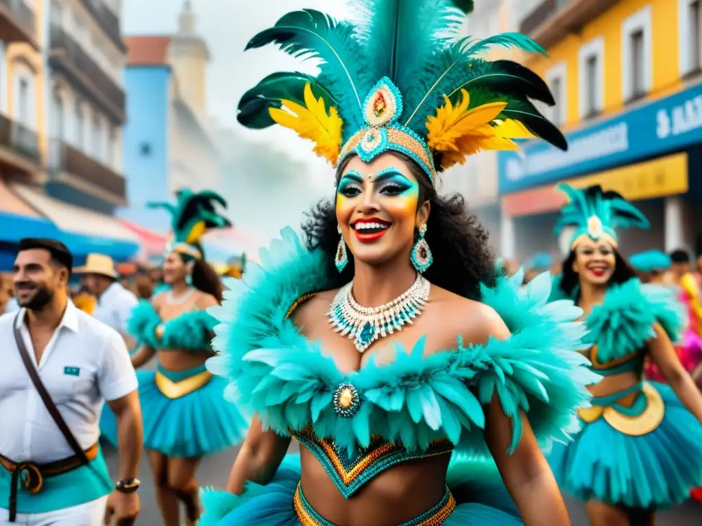 Una representación acuarela detallada del vibrante y bullicioso desfile de Carnaval en Brasil