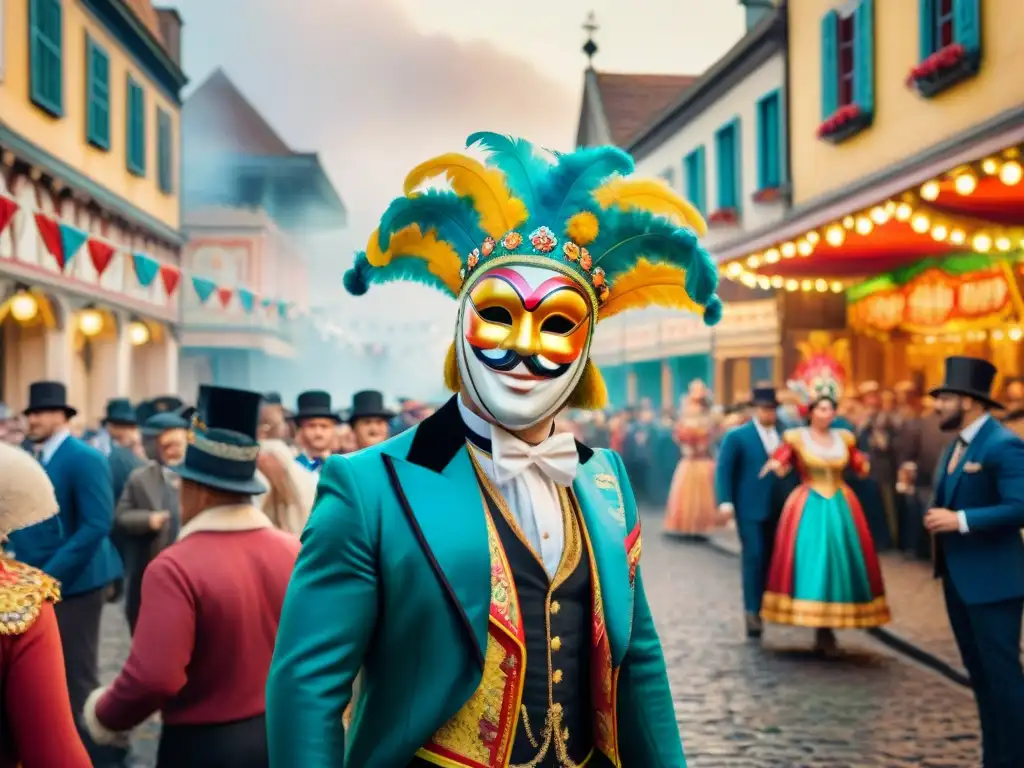 Ilustración detallada de un vibrante Carnaval antiguo, con máscaras, trajes coloridos y danzas en una calle empedrada