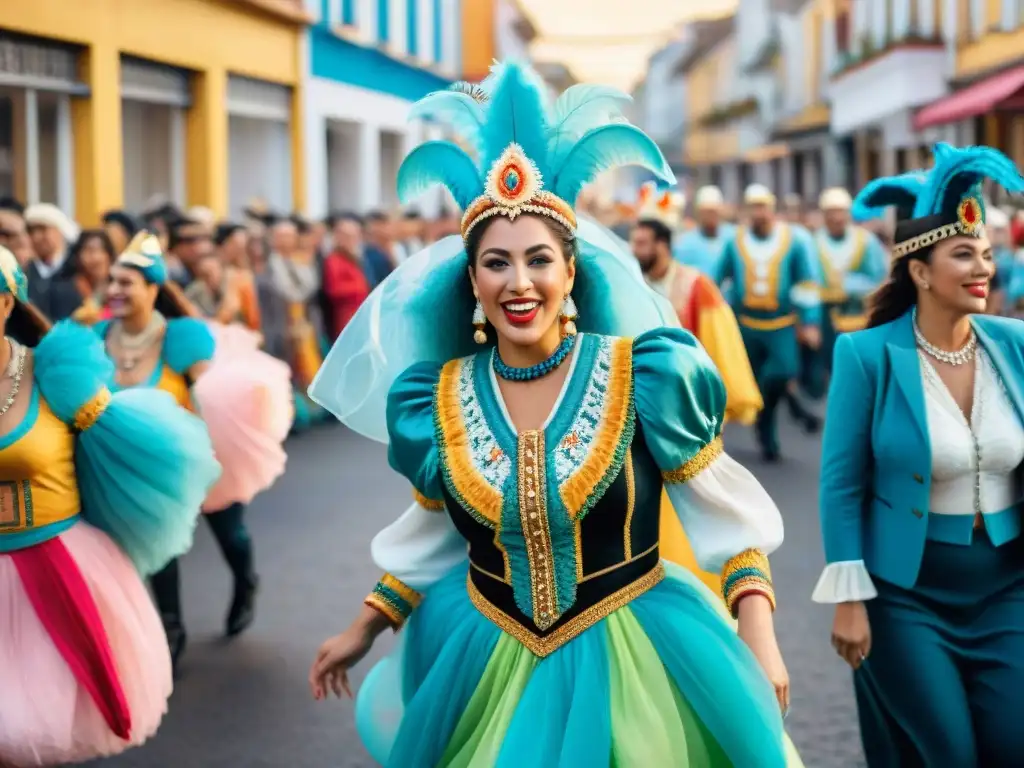 Detallada ilustración acuarela del vibrante Carnaval en Uruguay con trajes tradicionales y desfiles coloridos