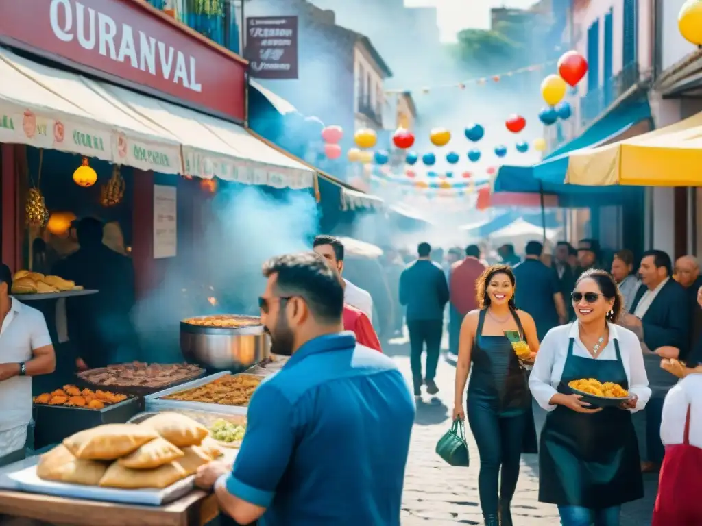 Detallada ilustración acuarela del vibrante Carnaval Uruguayo con puestos de comida tradicional