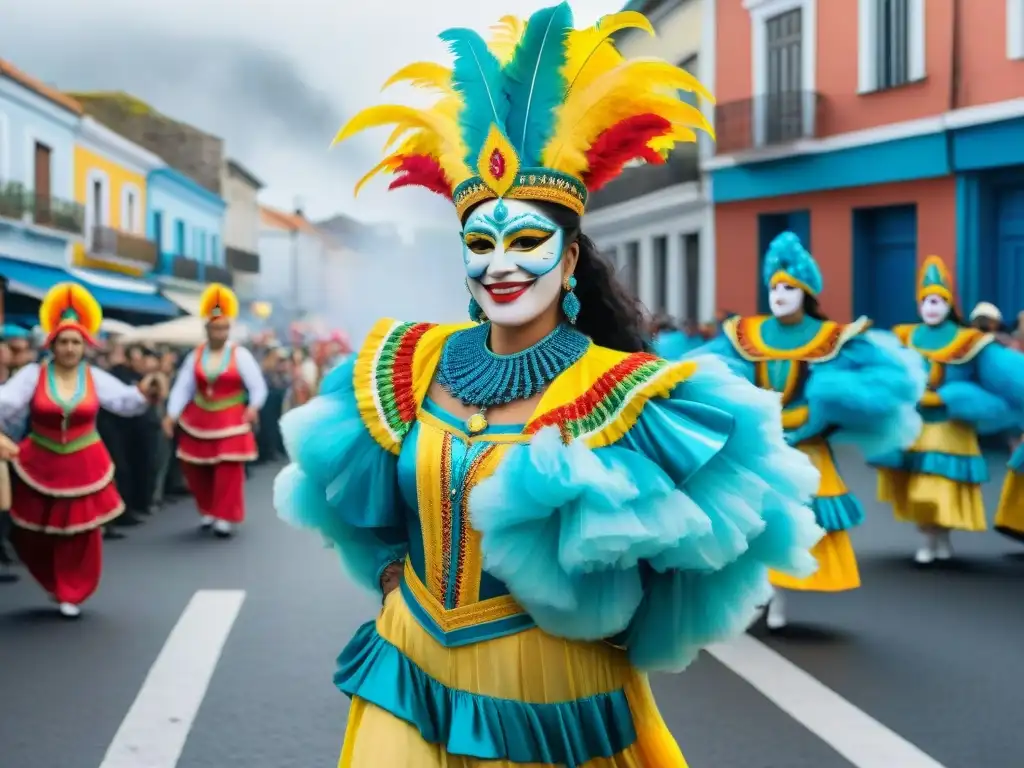 Detallada ilustración acuarela del vibrante Carnaval Uruguayo como estrategia económica