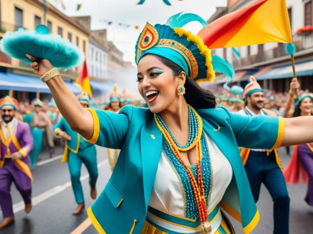 Detallada ilustración acuarela del vibrante Carnaval Uruguayo, historia y tradición en cada trazo