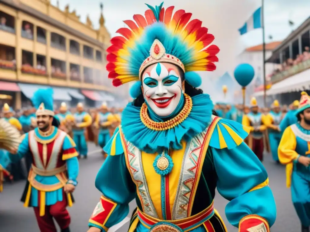 Detallada ilustración acuarela del vibrante Carnaval Uruguayo con desfiles coloridos y espectadores animados