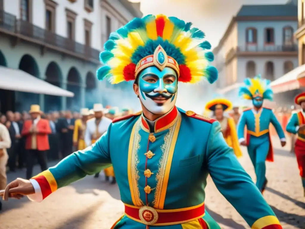 Una ilustración acuarela detallada y vibrante del Carnaval Uruguayo, con trajes, máscaras y carrozas coloridas, capturando la energía de la festividad