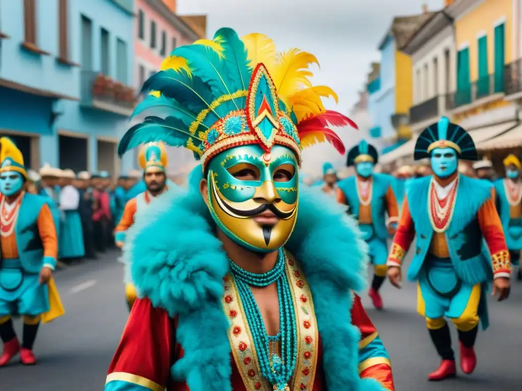 Una detallada ilustración acuarela del vibrante desfile de Carnaval en Uruguay