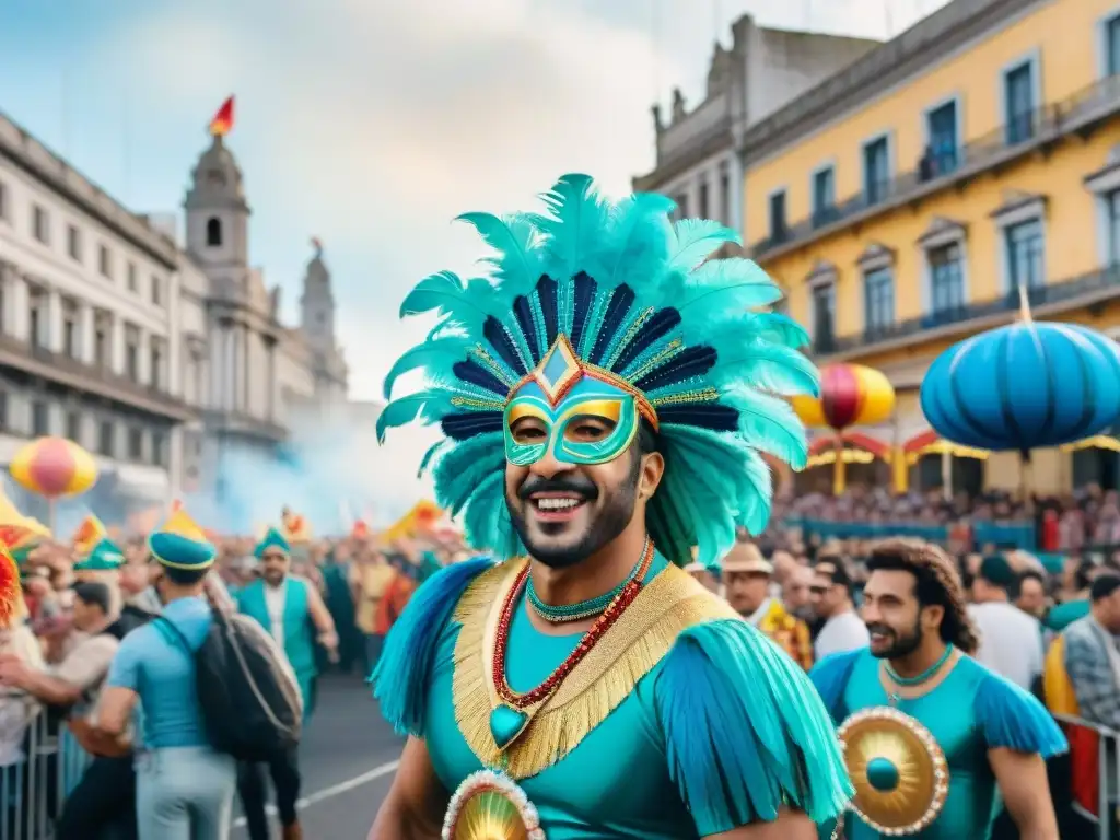 Una detallada ilustración acuarela de un vibrante desfile de Carnaval en Uruguay, con decoraciones coloridas y danzas tradicionales