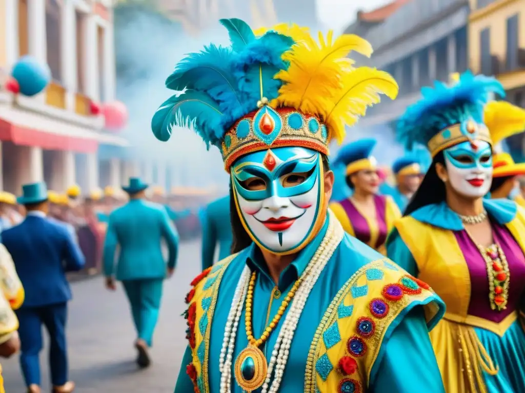 Ilustración acuarela detallada del vibrante desfile de carnaval en Uruguay