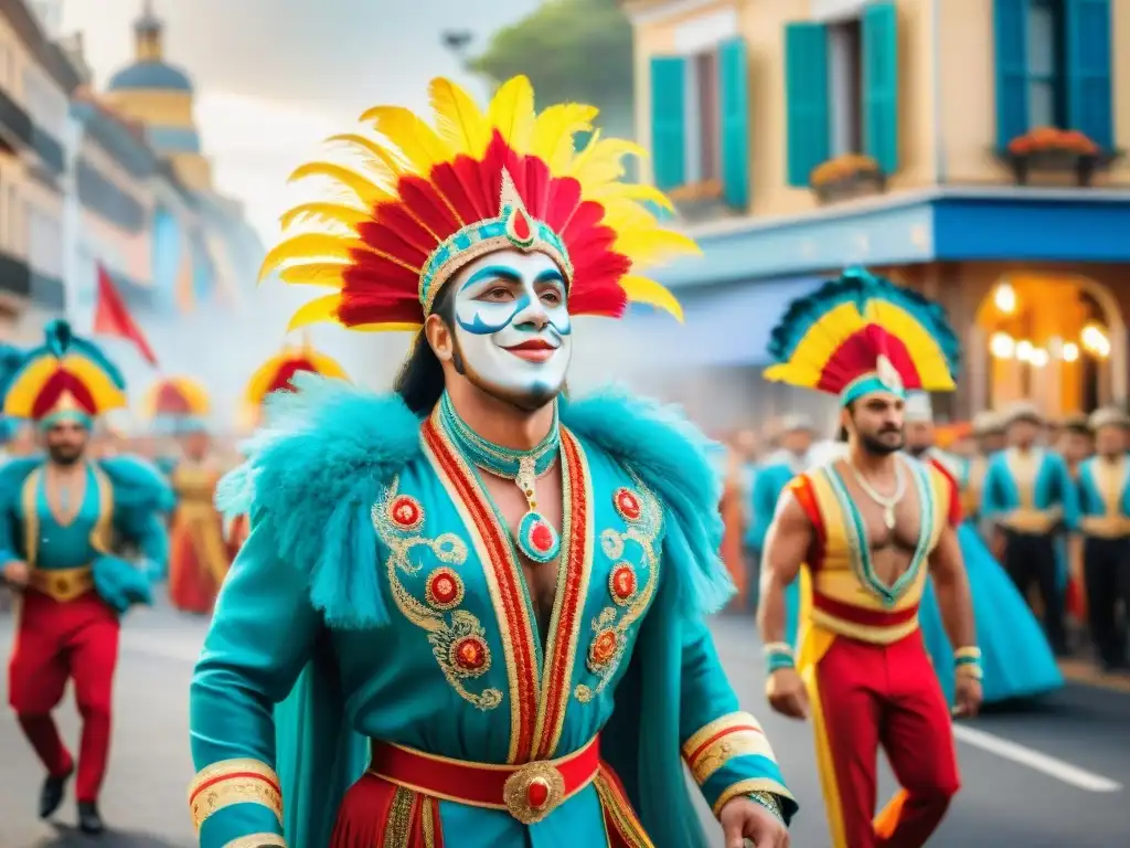 Detallada ilustración acuarela del vibrante desfile del Carnaval Uruguayo, destacando trajes coloridos y música tradicional