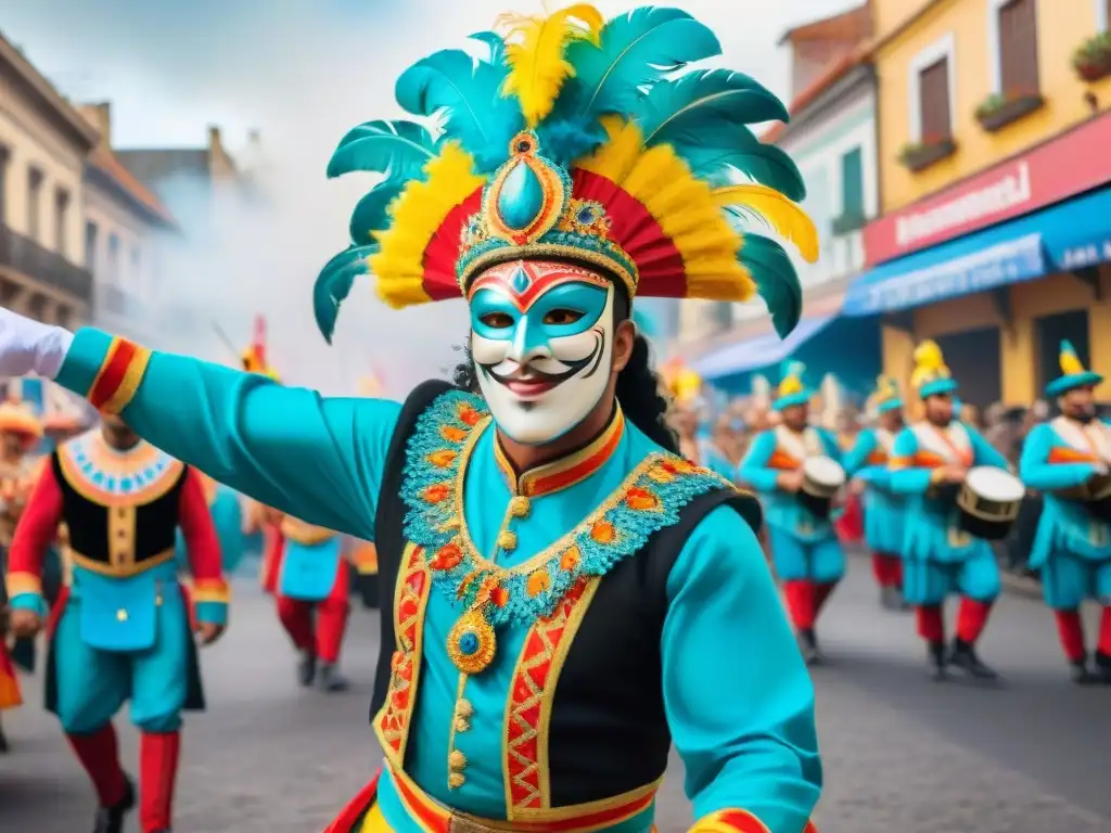 Detallada ilustración acuarela de vibrante desfile en Carnaval Uruguayo