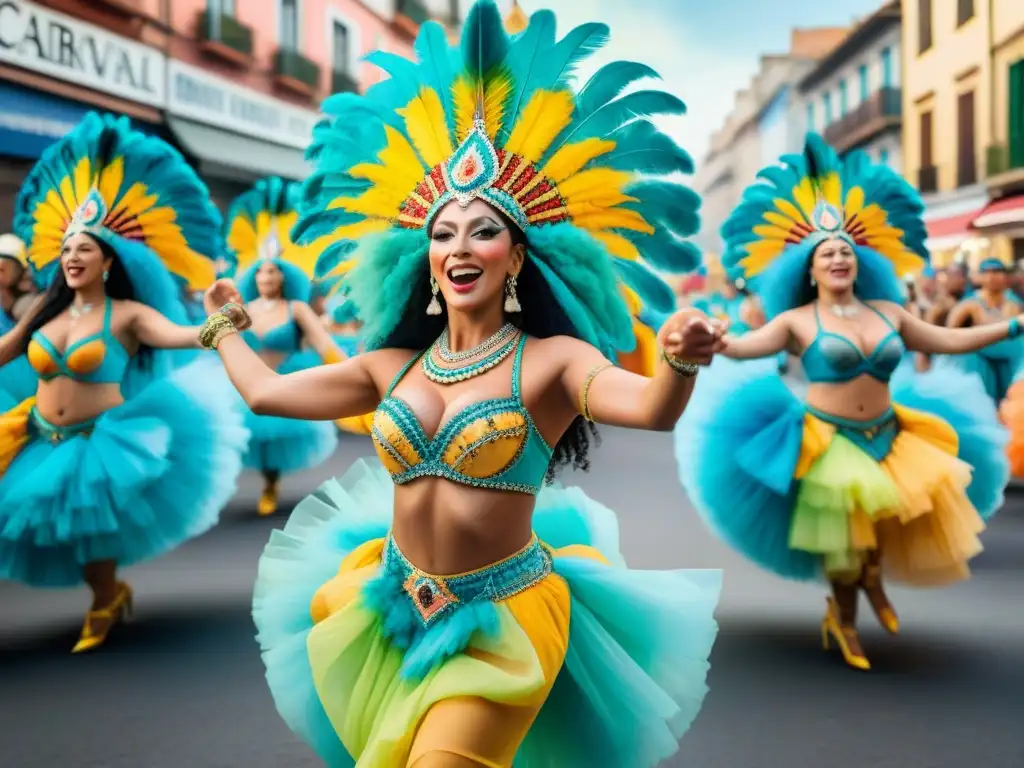 Detallada ilustración acuarela del vibrante desfile del Carnaval Uruguayo con trajes coloridos y formas, celebrando la alegría y la música tradicional