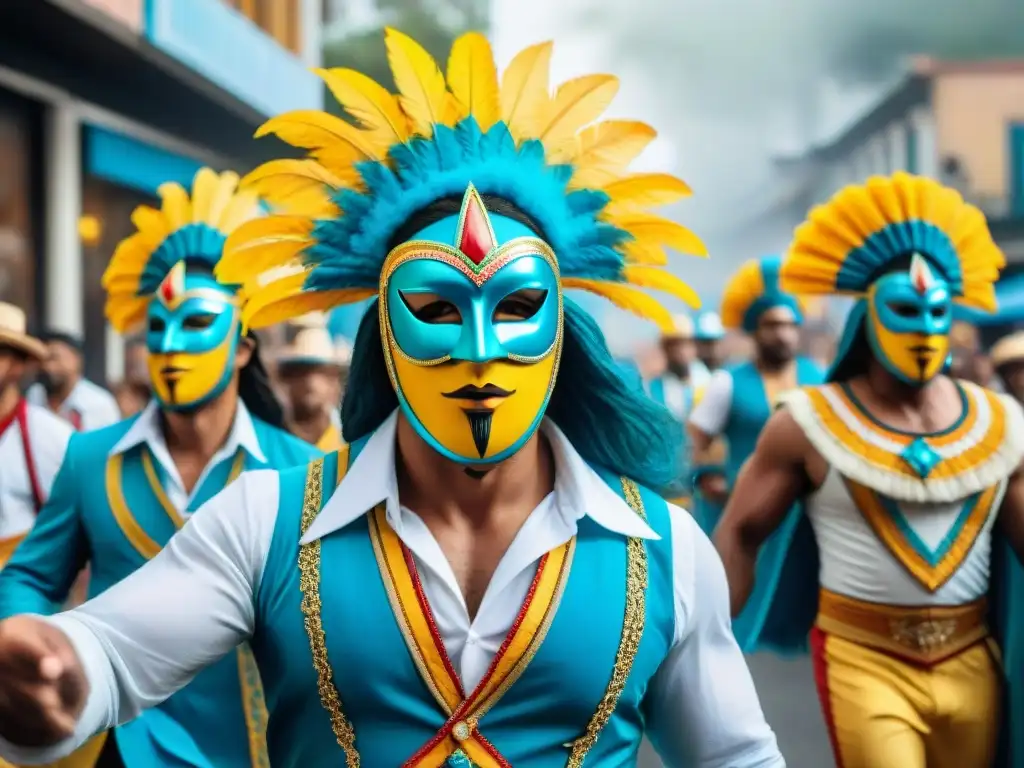 Ilustración acuarela detallada del vibrante desfile de carnaval en Uruguay