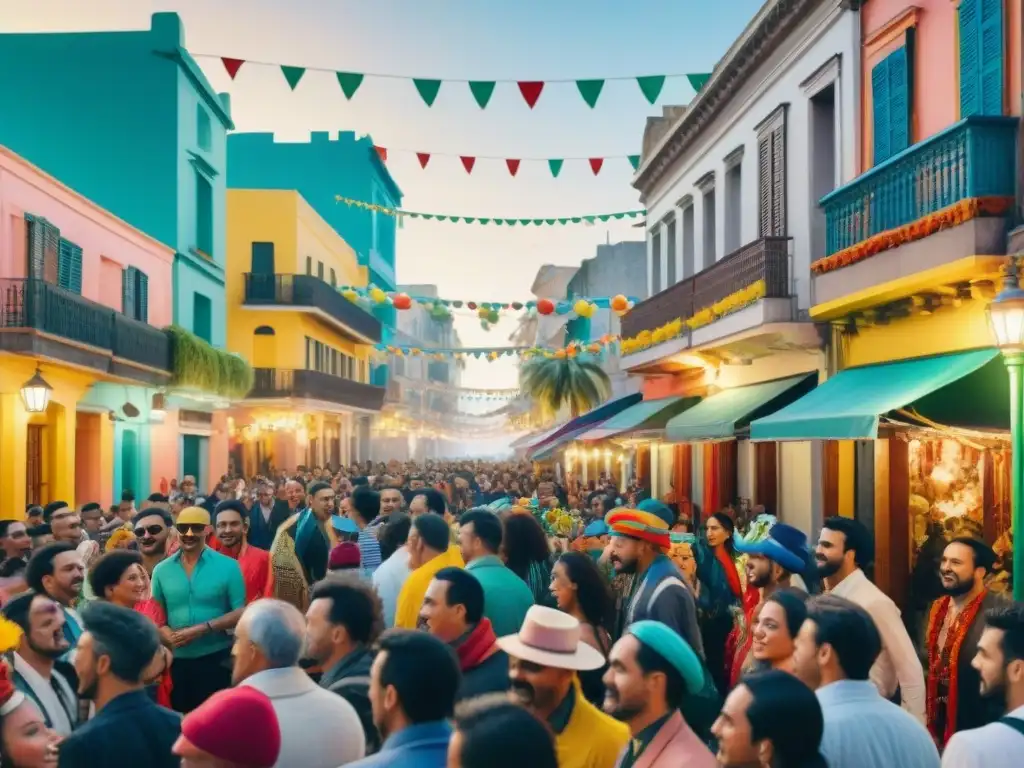 Detallada ilustración acuarela de vibrante escena callejera en Montevideo durante el Carnaval