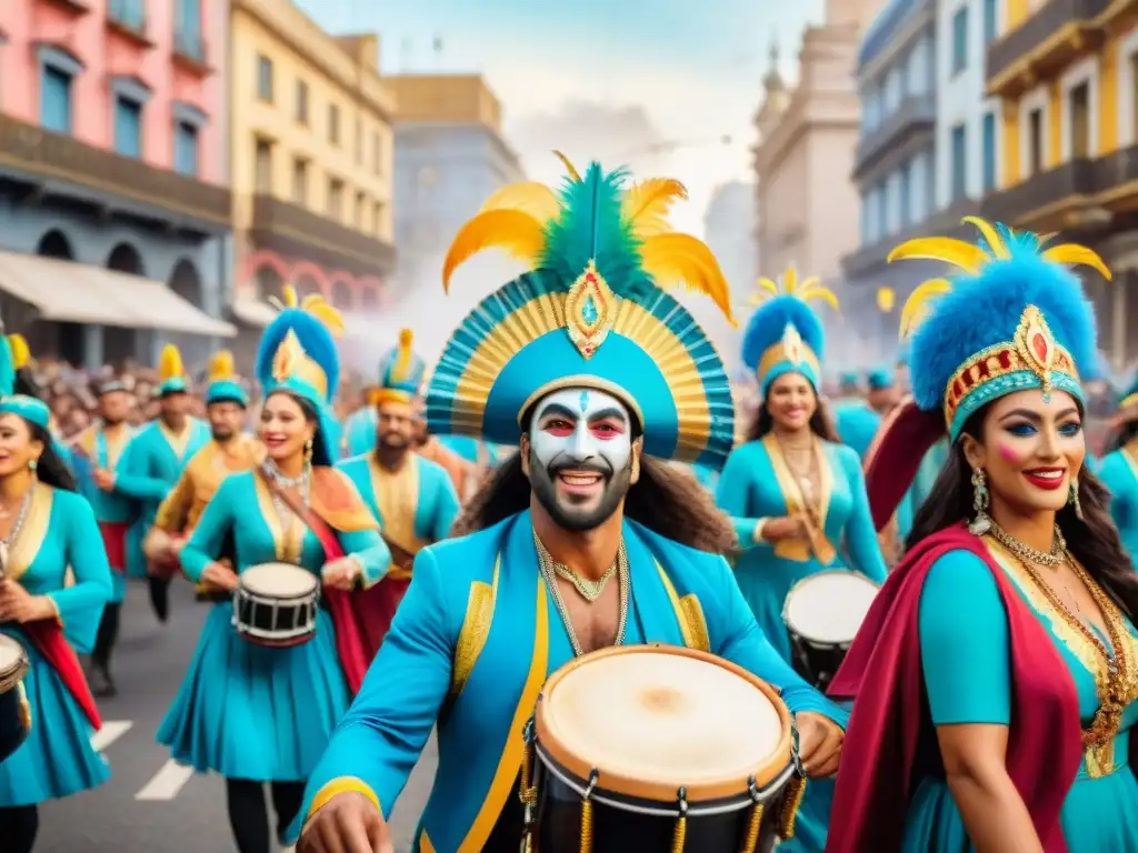 Detallada ilustración acuarela de vibrante murga en Montevideo, Uruguay, con trajes coloridos y músicos