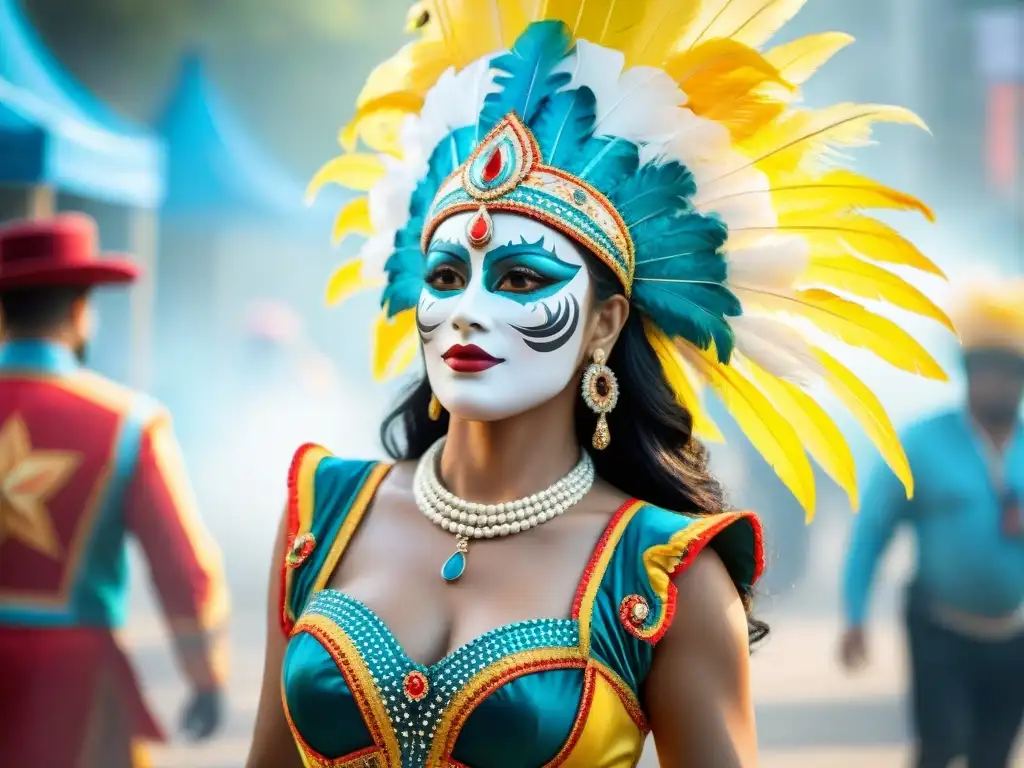 Detallada ilustración acuarela de vibrantes trajes carnaval Uruguay con diseños y colores llamativos, reflejando la rica tradición y creatividad