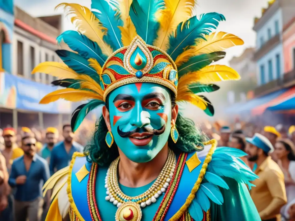 Un detallado acuarela 8k del Carnaval Uruguayo con una carroza vibrante y detallada, reflejando la energía y emoción del evento