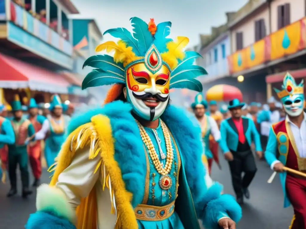 Un detallado acuarela que captura la energía de un desfile de carnaval uruguayo